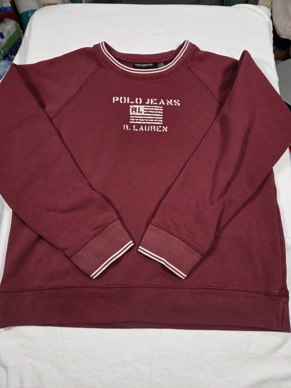 Ralph Lauren Burgundy Crewneck Sweatshirt with White Stripe Trim